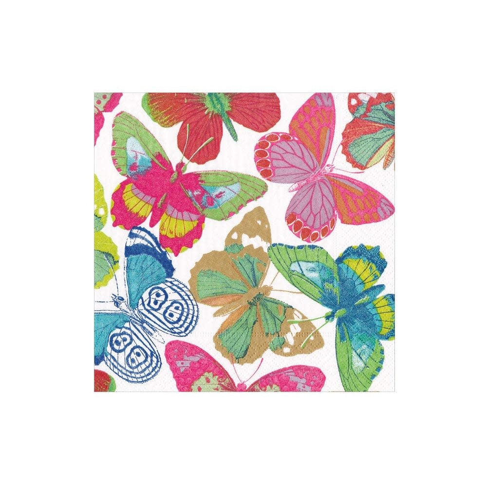 Caspari Butterflies Bright cocktail napkin featuring a colorful butterfly pattern on white triple-ply tissue.