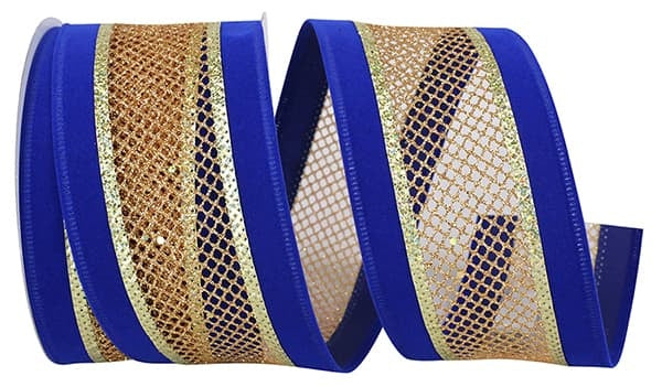 Velvet Mesh Middle Wired Edge Ribbon - Royal/Gold