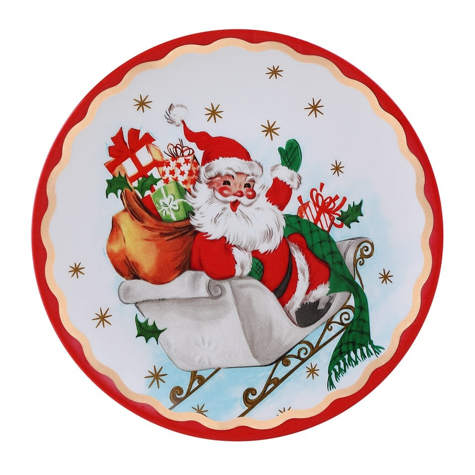 Ceramic Santa plate with gold foil scalloped trim on a glossy finish.
