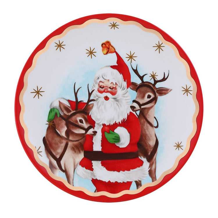 Ceramic Santa plate with gold foil scalloped trim featuring a glossy finish.