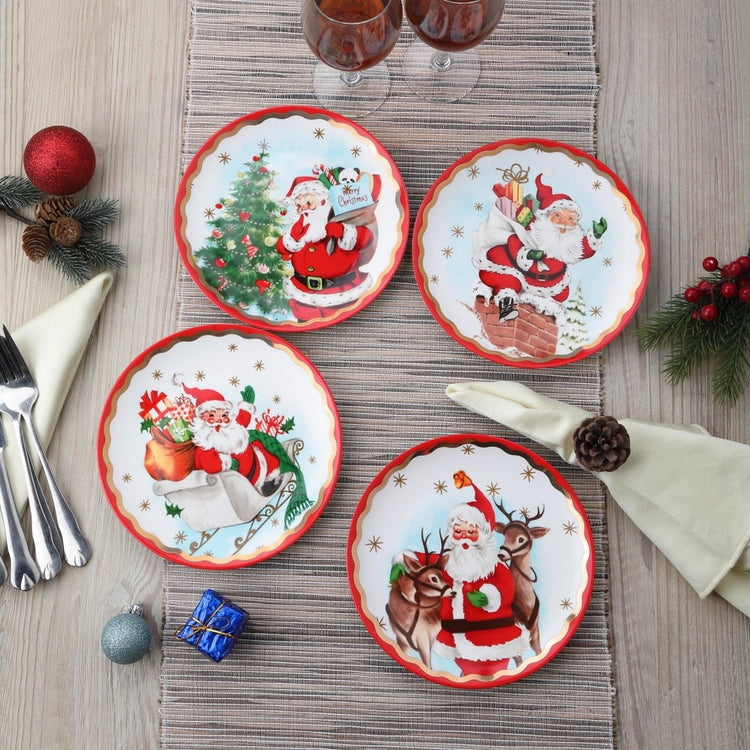 Ceramic Santa plate with gold foil scalloped trim on a glossy white background.