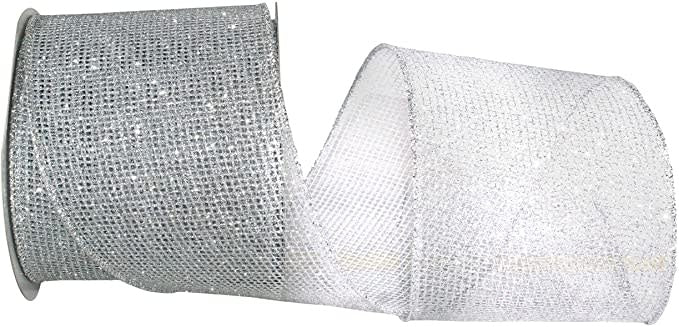 Silver glitter web mesh ribbon with metallic wired edges on a white background.