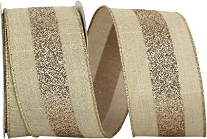 Natural linen ribbon with a gold glitter center stripe and wired edge