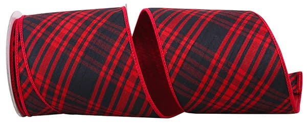 Buffalo plaid wired edge ribbon in red with black check pattern