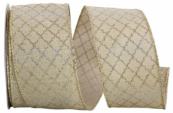 Gold and silver glittered lattice ribbon with wired edge on a white background.