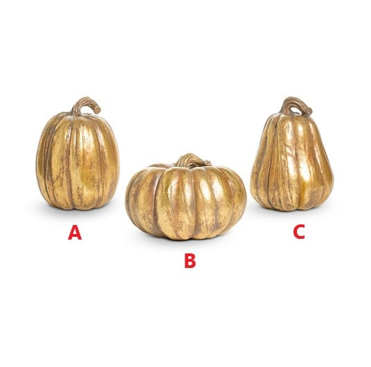 Gold resin pumpkin decoration with a smooth metallic finish.