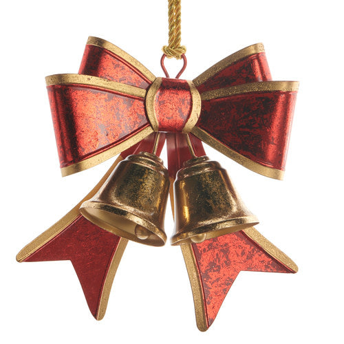 Metal red row ornament with bells measuring 9 inches wide by 9.25 inches tall.