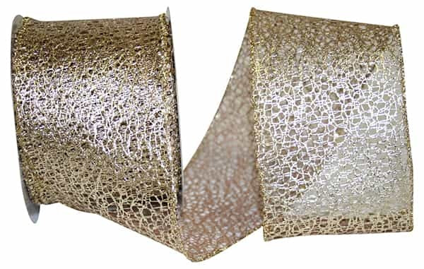Platinum metallic wired-edge ribbon with a netted mesh texture.