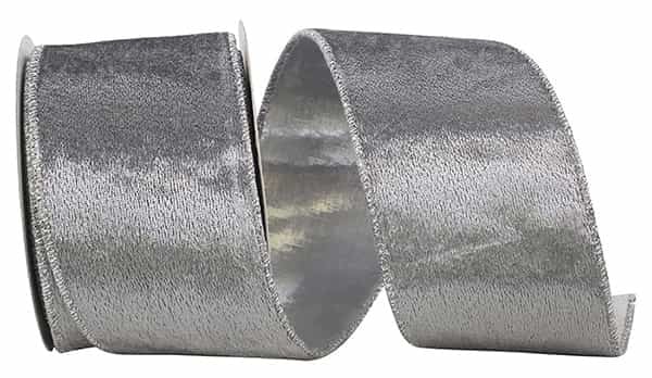 Silver velvet ribbon with wired edge on one side and silver metallic reverse.