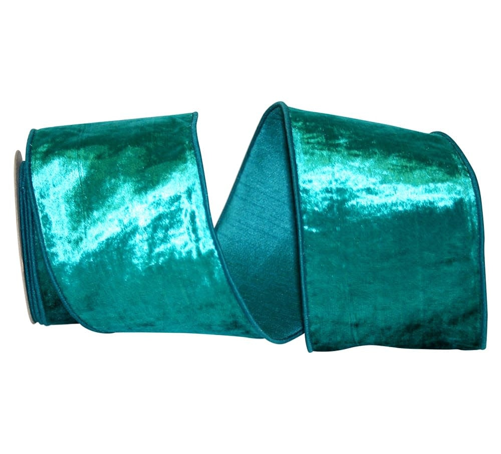 Four-inch wide shimmery velvet ribbon with wired edge in deep red.