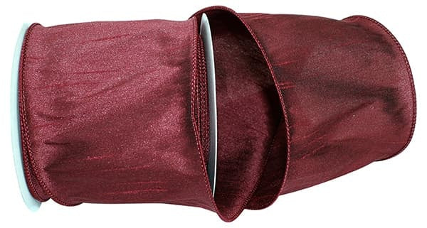4-inch wide burgundy dupioni ribbon with a wired edge on a spool.