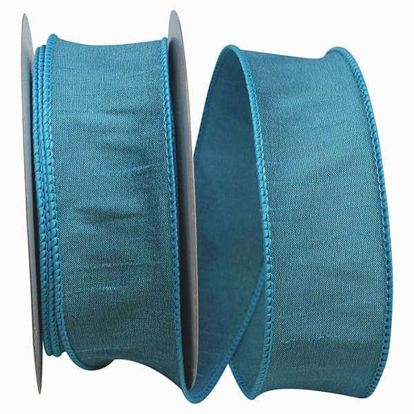 Teal blue 1.5-inch wide Dupioni ribbon with a textured finish and wired edges on a spool.