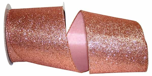 Rose gold wired edge ribbon with a scalloped border, ideal for holiday wreaths and tree decorations.