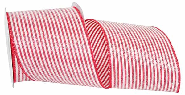 Four-inch wide wired-edge ribbon with frosted candy stripe glitter pattern in red and white polyester.