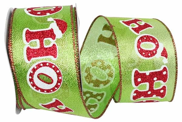Wired edge ribbon with lime green glitter metallic lame fabric featuring red wired edges.