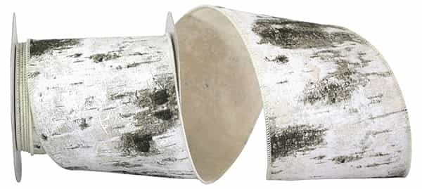 White wired-edge ribbon with a birch tree bark forest print on polyester.