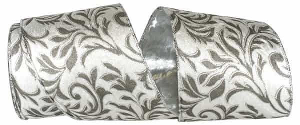 Filigree Leaves Plush Velvet Silver Back Wired Edge Ribbon - Silver