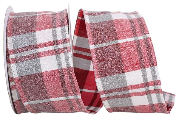 Red and white glittered plaid wired edge ribbon with red satin trim