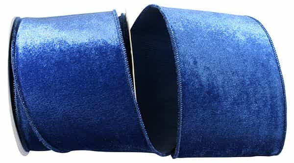 Blue plush velvet ribbon with wired edge on dupioni backing