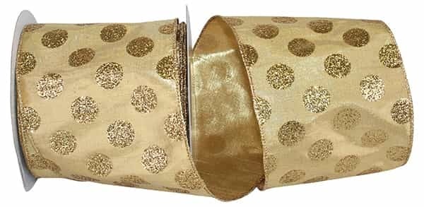 Four-inch wide gold metallic ribbon with glitter dots and wired edge