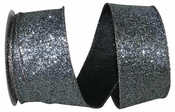 Silver wired-edge ribbon with sequin glitter texture on a white background.