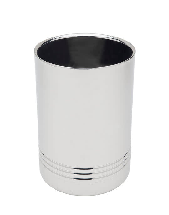 Stainless steel double-walled bottle chiller with a cylindrical shape.