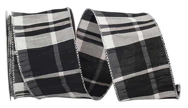 Black polyester dupione ribbon with plaid pattern, wired edge, and metallic sparkle trim.