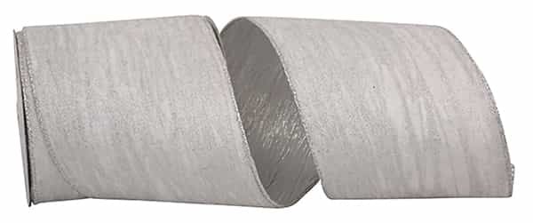 White glitter velvet ribbon with silver crushed metallic reverse side and wired edge