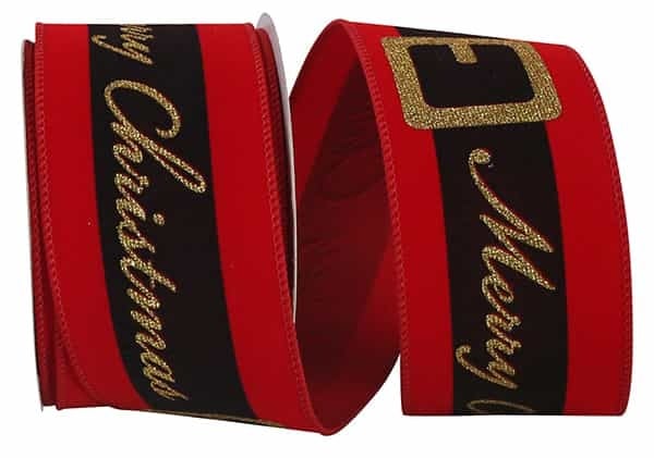 Red velvet Santa belt ribbon with wired edge on white background