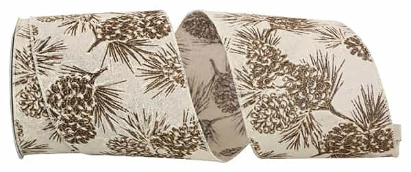 Pinecone Glitter Outlines Linen Wired Edge Ribbon - Ivory