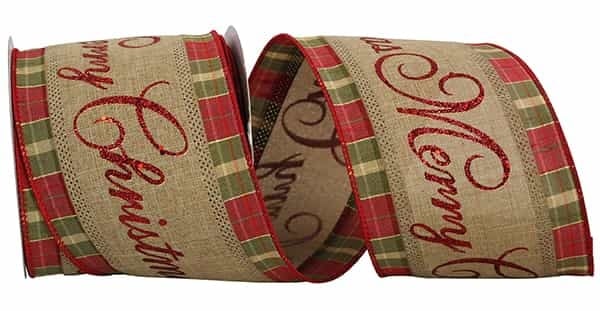 Red polyester ribbon with wired plaid edge featuring Merry Christmas text