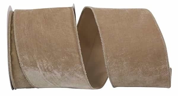 Taupe wired edge velvet ribbon roll with a soft plush texture.