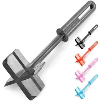 Heat resistant meat chopper with four stainless steel blades on a black handle.