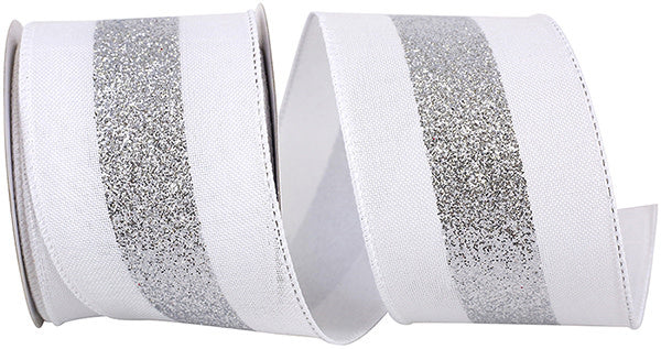 White linen wired edge ribbon with a bold silver glitter center stripe