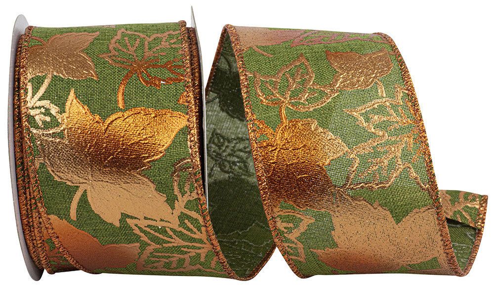 Metallic linen wired edge ribbon in leaves pattern with a natural green color.
