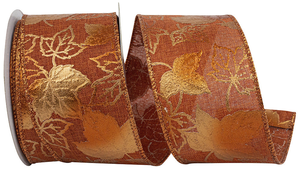 Wired edge ribbon in metallic linen finish with leaf texture