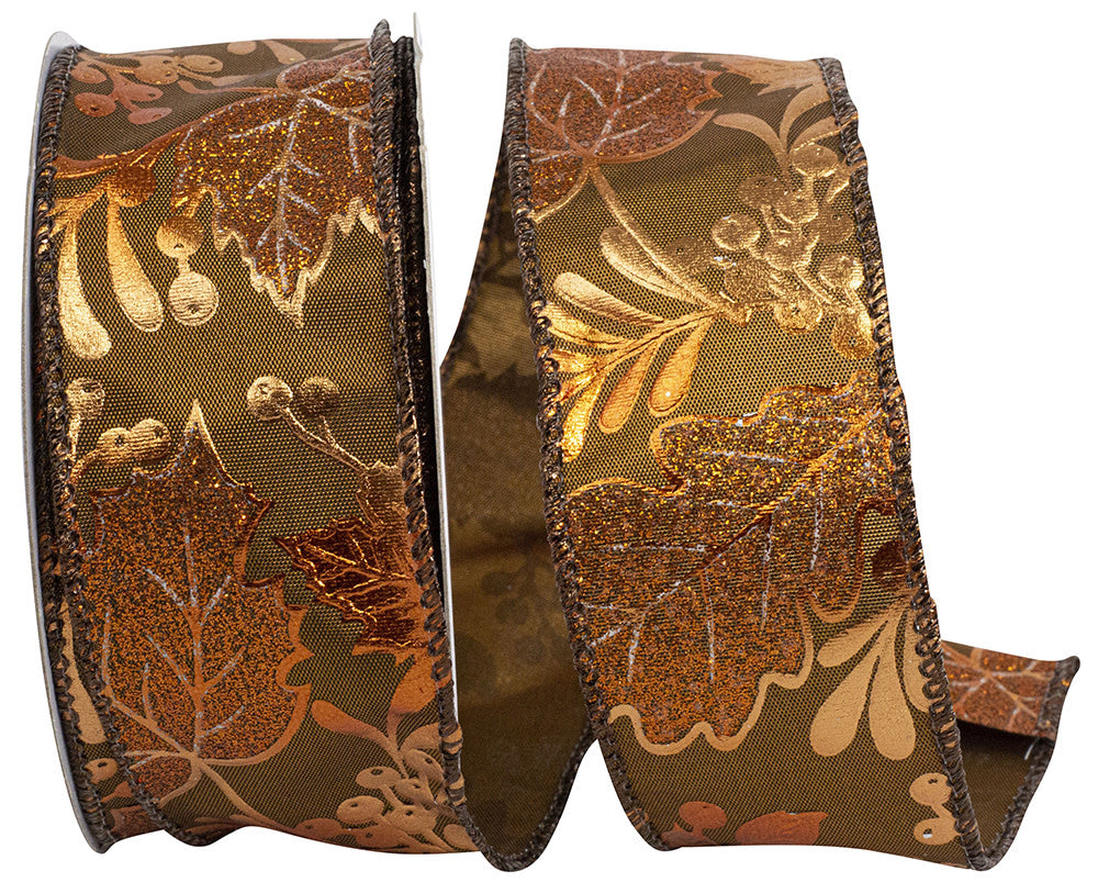Copper metallic wired edge ribbon with a leaves and acorns pattern
