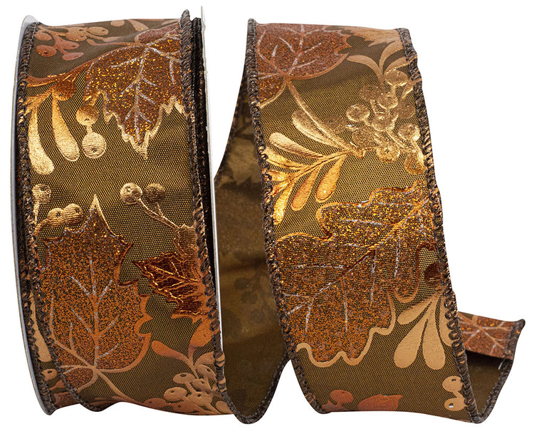 Copper metallic wired edge ribbon with a leaves and acorns pattern