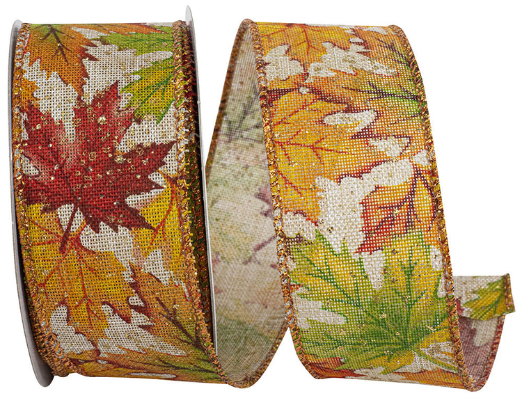 Natural polyester wired edge ribbon with a multi-color leaf print pattern.