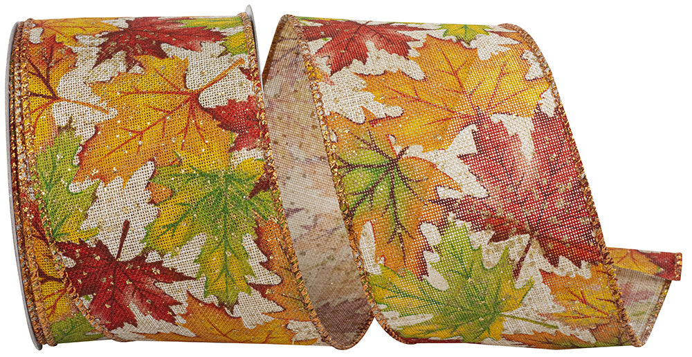 Natural polyester wired edge ribbon with a multi-color leaf pattern.