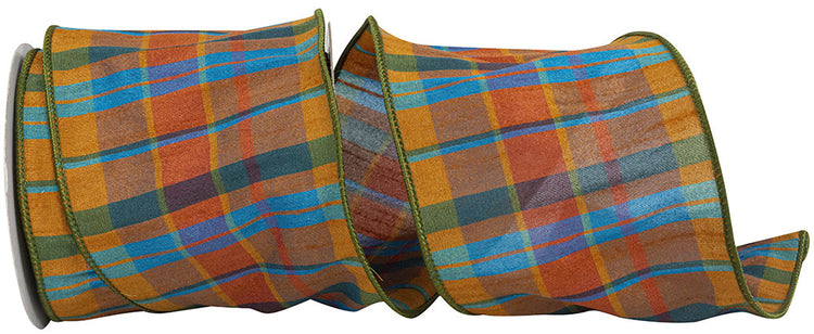 Four-inch brown polyester ribbon with a plaid sunset print and wired edge.