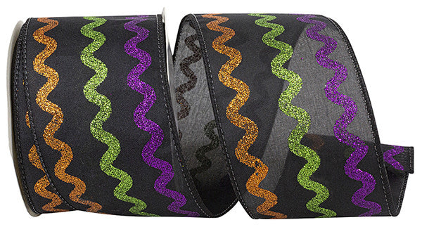 Black polyester wired edge ribbon with glitter texture in a rick-rack pattern.