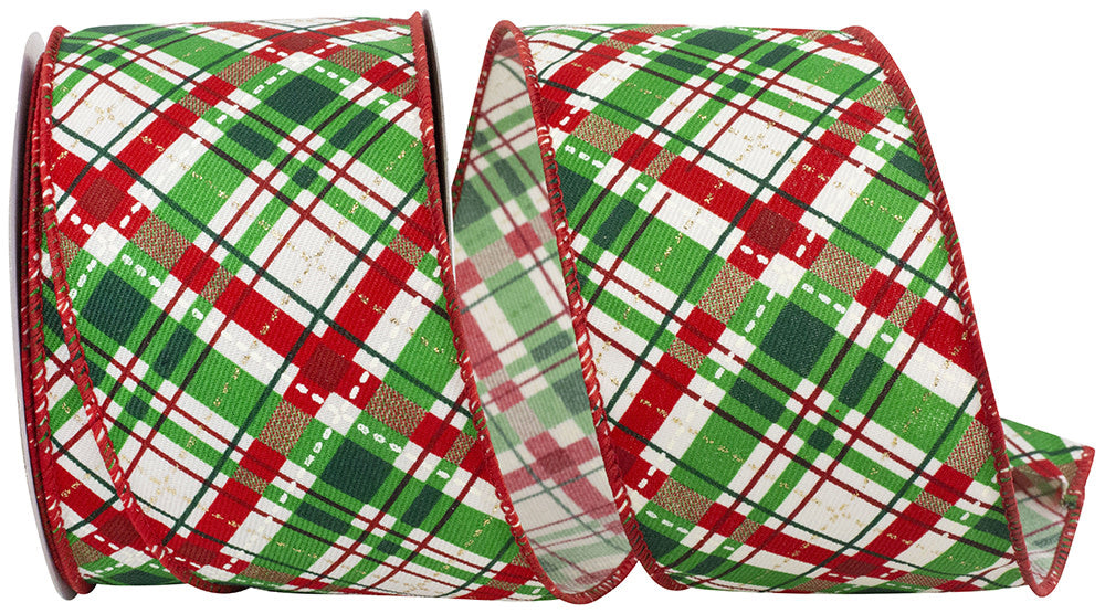 Emerald polyester wired edge ribbon with diagonal plaid sparkle pattern