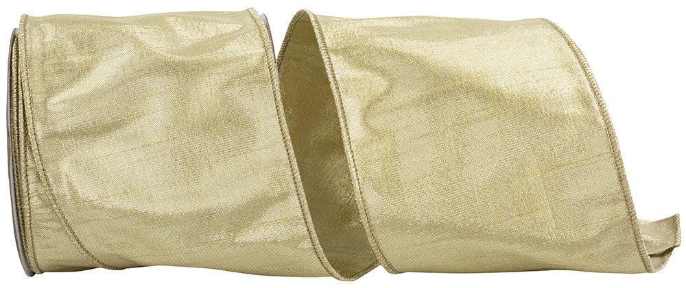 Four-inch wired edge ribbon with metallic dupioni texture in a solid color.