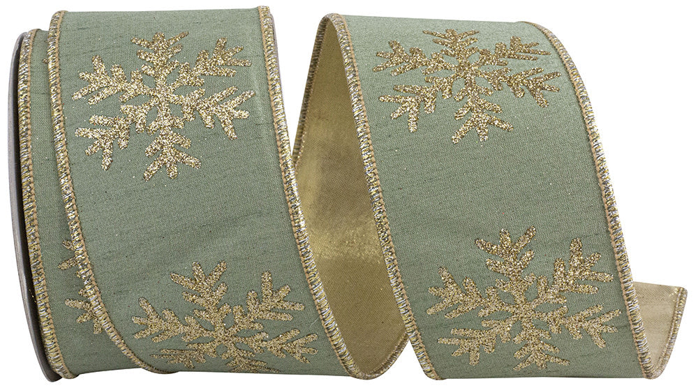 Sage green Dupioni ribbon with snowflake glitter wired edge
