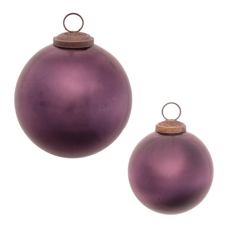 Melrose 94689 purple glass ornaments shown in both sizes; 3-inch ornament sold individually