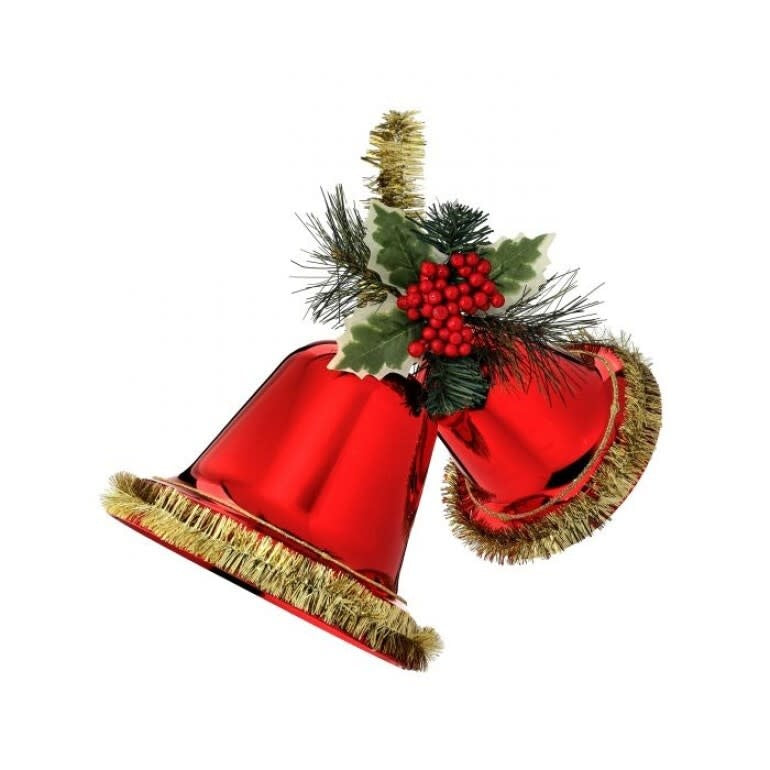 Red and gold retro bell ornament with tinsel trim and pine leaf accents