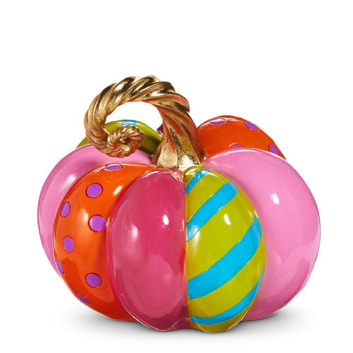 9.5-inch resin pumpkin with multi-color geometric patterns in orange, green, and white.