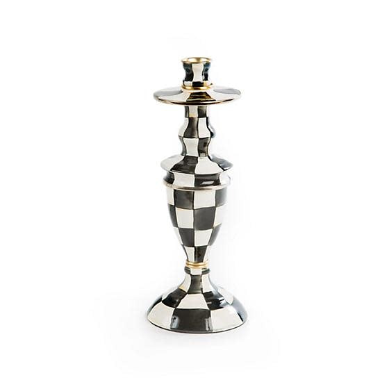 Medium Courtly Check enamel candlestick with hand-painted high-contrast checks on heavy-gauge steel and bronzed stainless rim.