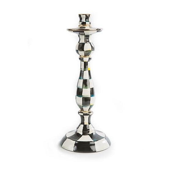 Large Courtly Check enamel candlestick with hand-painted high-contrast checks on enameled steel and bronzed stainless rim.